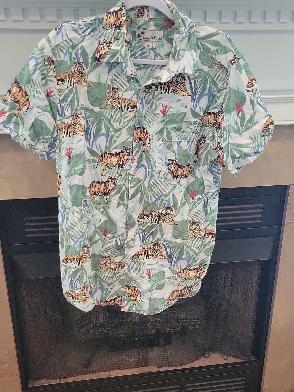 Casual Short-Sleeve Tiger Print Button-Down Shirt - Green